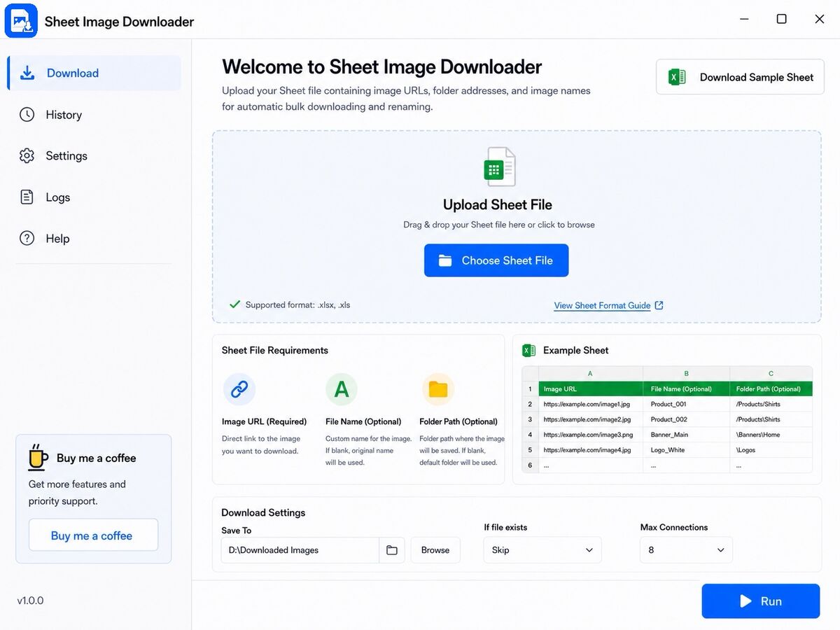 Sheet Image Downloader main app screenshot