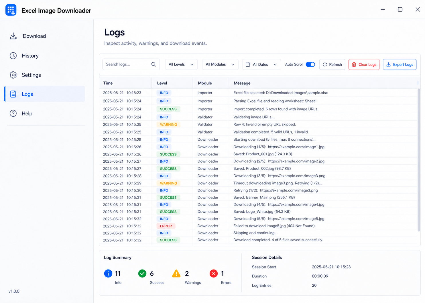Logs page screenshot